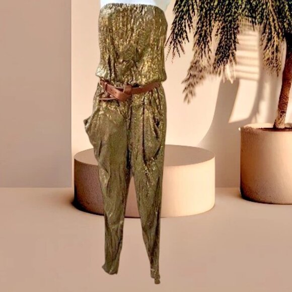 Michael Kors STUNNING Gold Sequin Strapless Jumpsuit w/Removable belt XS  NWOT - Picture 8 of 16